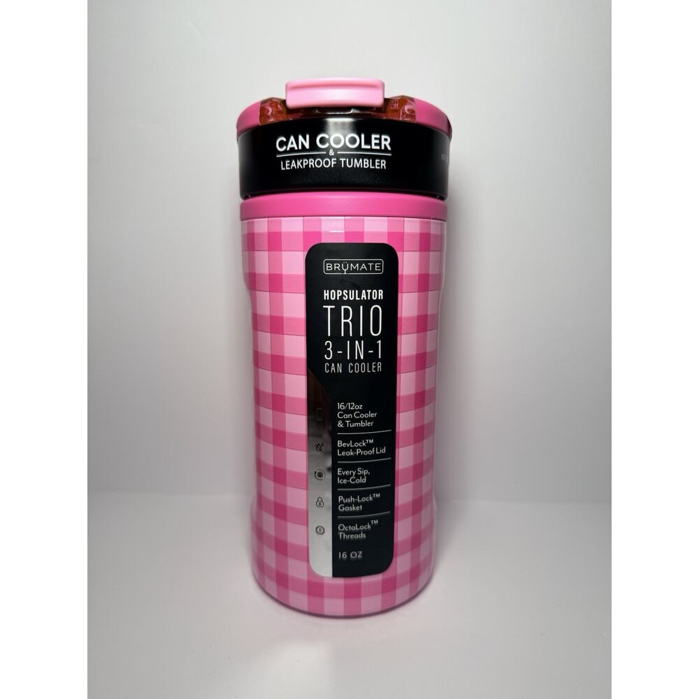 BruMate X Madi Nelson Exclusive PINK GINGHAM Hopsulator Trio Can Cooler BNWT